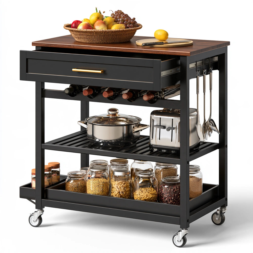 Carrello da cucina in metallo su ruote, colore nero
