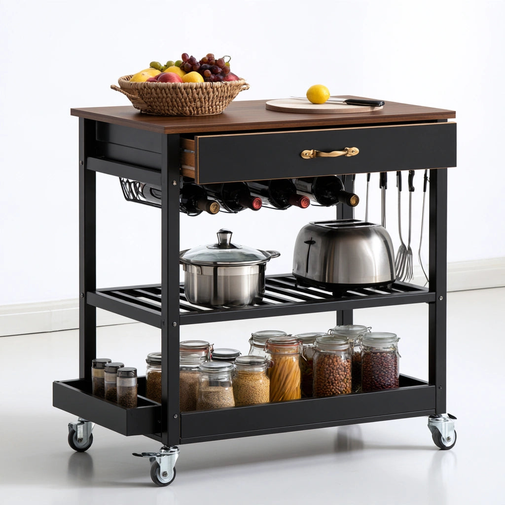 Carrello da cucina in metallo su ruote, colore nero
